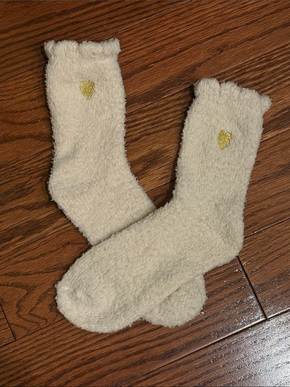 Cozy Cream Fuzzy Socks with Gold Heart, brand new